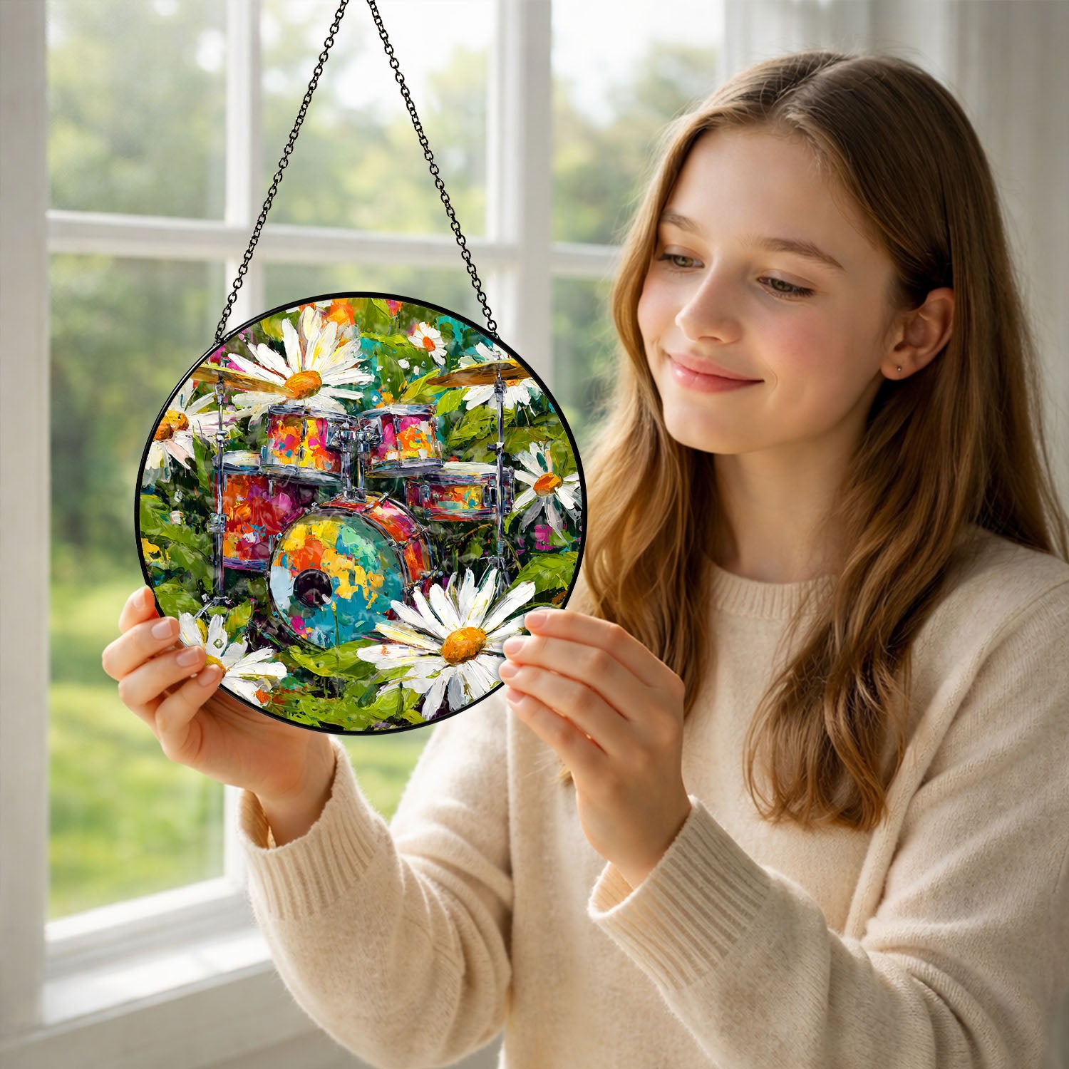 Drum Suncatcher, Daisy Stained Glass Window Hanging, Music Lover Window Decor