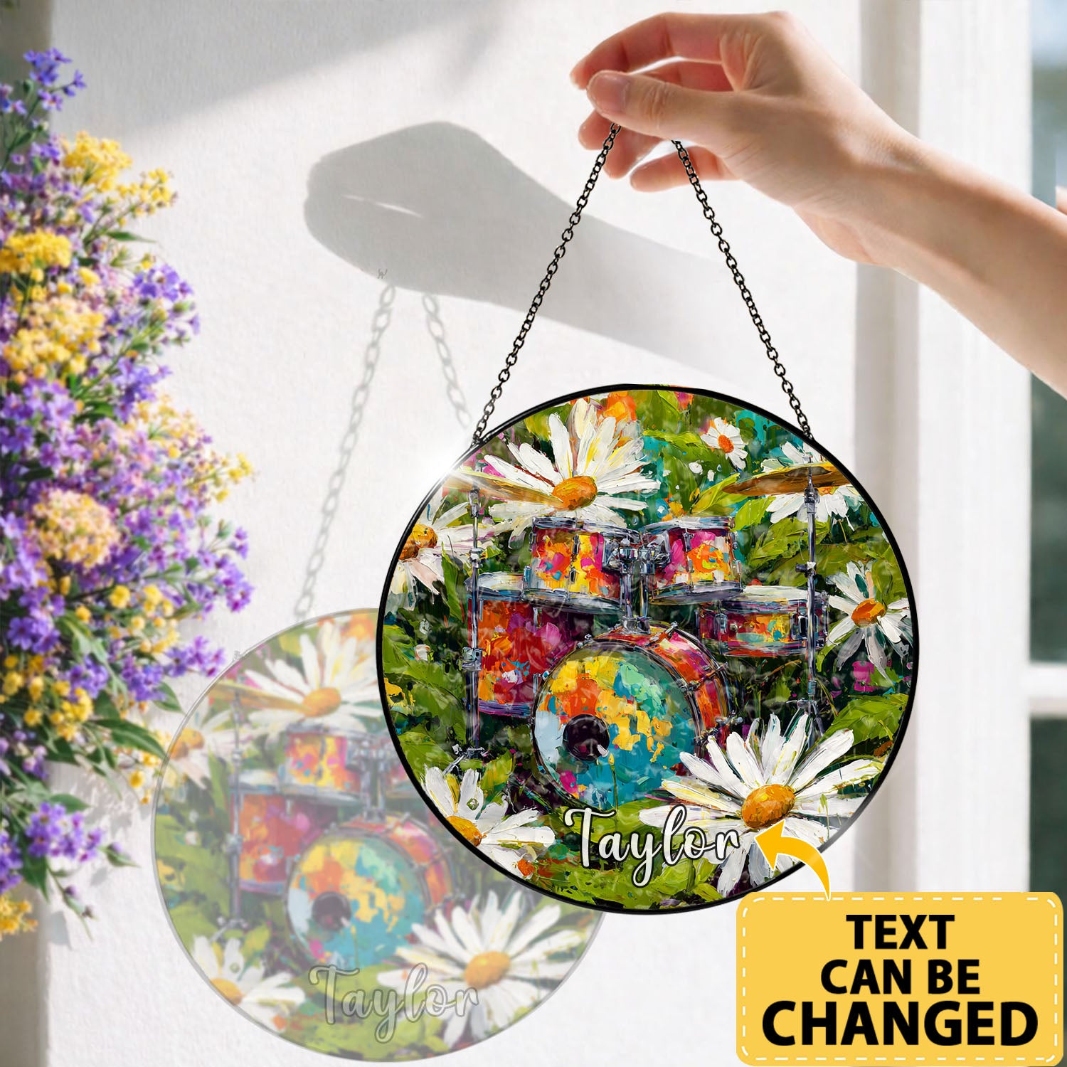 Drum Suncatcher, Daisy Stained Glass Window Hanging, Music Lover Window Decor