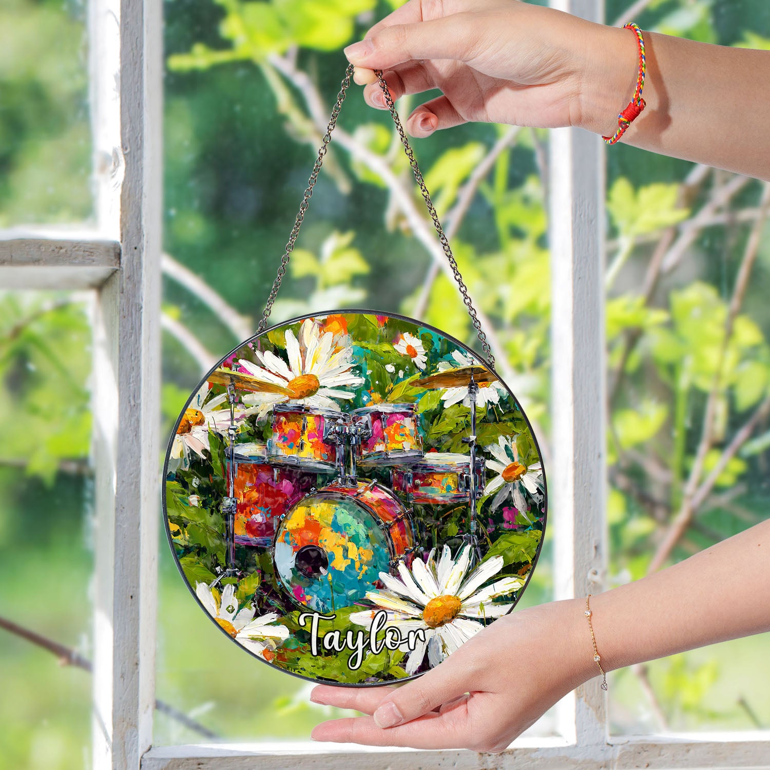 Drum Suncatcher, Daisy Stained Glass Window Hanging, Music Lover Window Decor