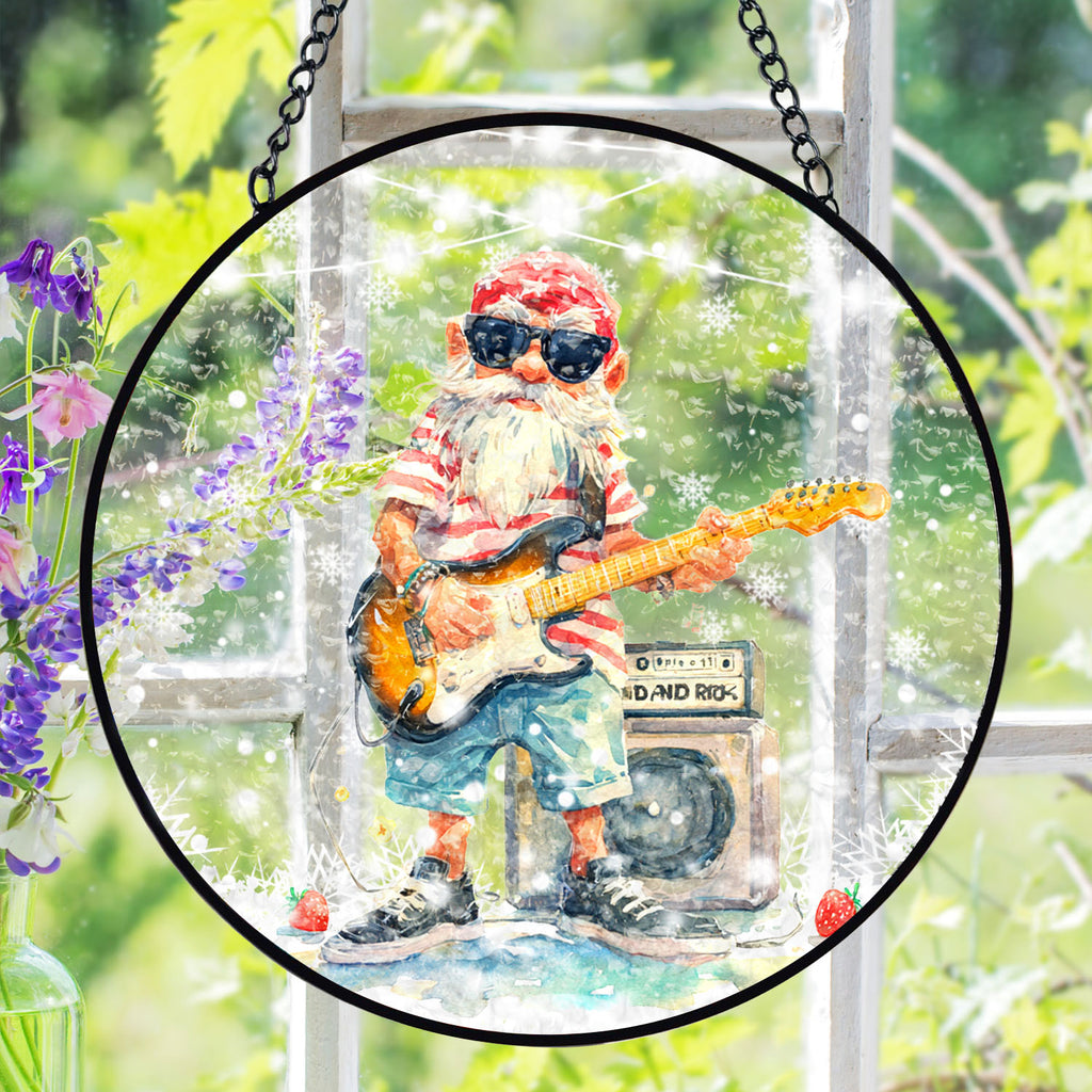 Guitar Gnome Suncatcher, Rock Music Stained Glass Window Hanging, Music Lover Gift
