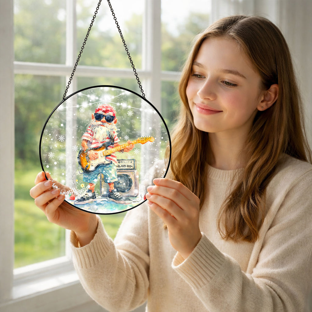 Guitar Gnome Suncatcher, Rock Music Stained Glass Window Hanging, Music Lover Gift