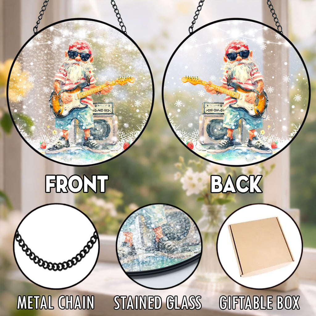 Guitar Gnome Suncatcher, Rock Music Stained Glass Window Hanging, Music Lover Gift