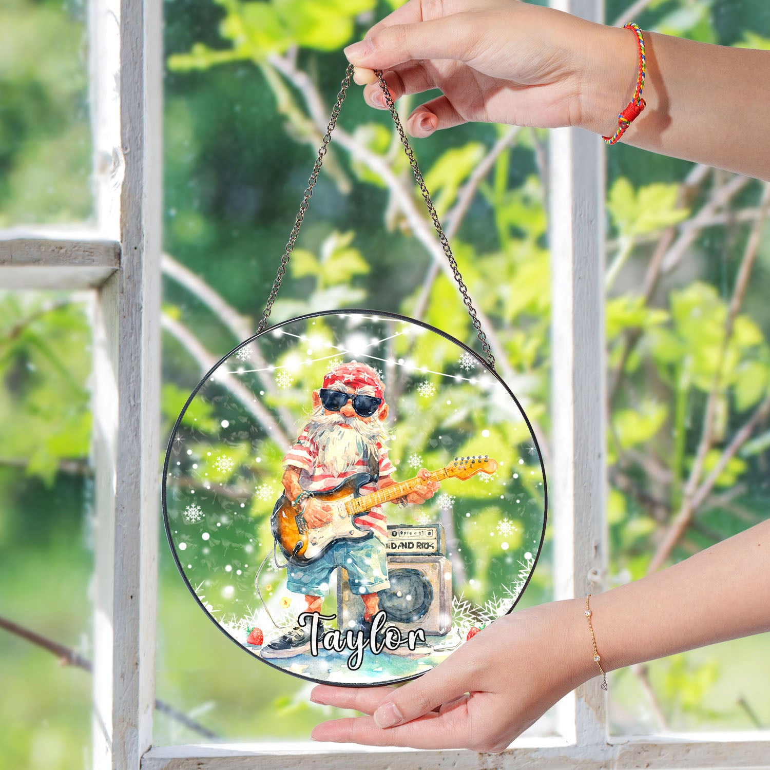 Guitar Gnome Suncatcher, Rock Music Stained Glass Window Hanging, Music Lover Gift