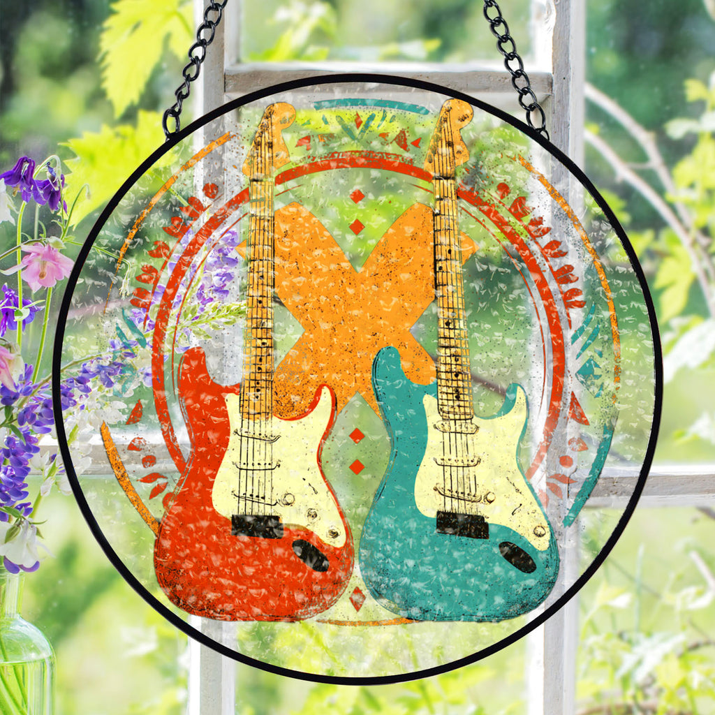 Retro Electric Guitar Suncatcher, Stained Glass Window Hanging, Music Lover Gift