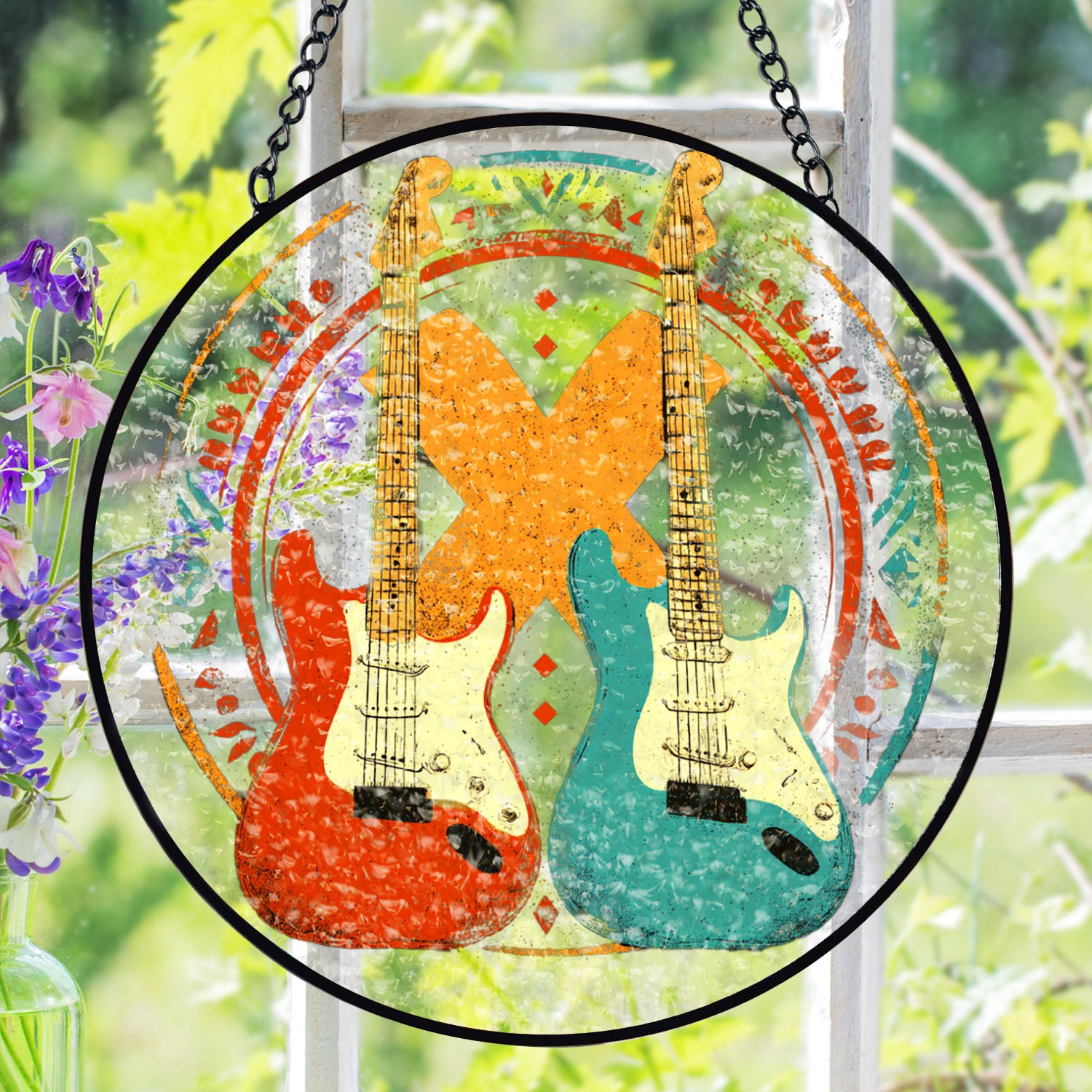 Retro Electric Guitar Suncatcher, Stained Glass Window Hanging, Music Lover Gift