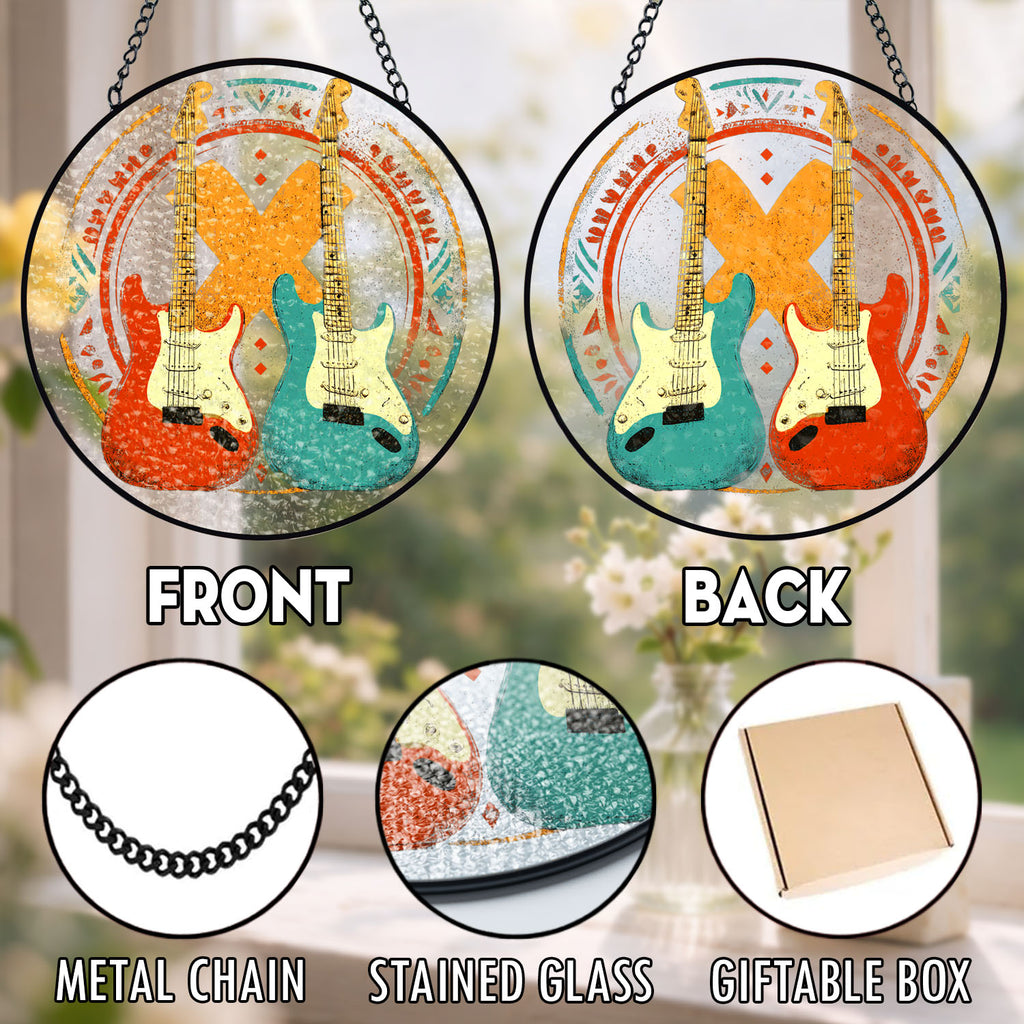 Retro Electric Guitar Suncatcher, Stained Glass Window Hanging, Music Lover Gift