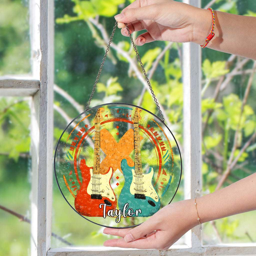 Retro Electric Guitar Suncatcher, Stained Glass Window Hanging, Music Lover Gift