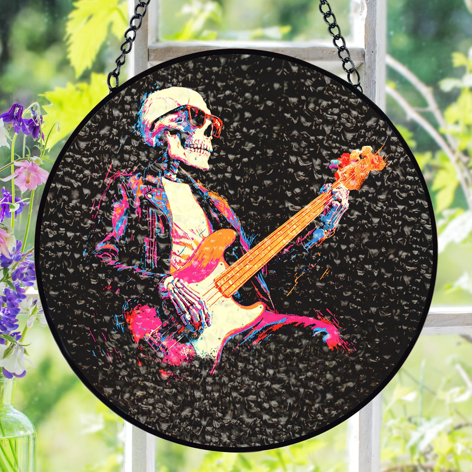 Rock Skeleton Guitar Suncatcher, Stained Glass Window Hanging, Music Lover Gift