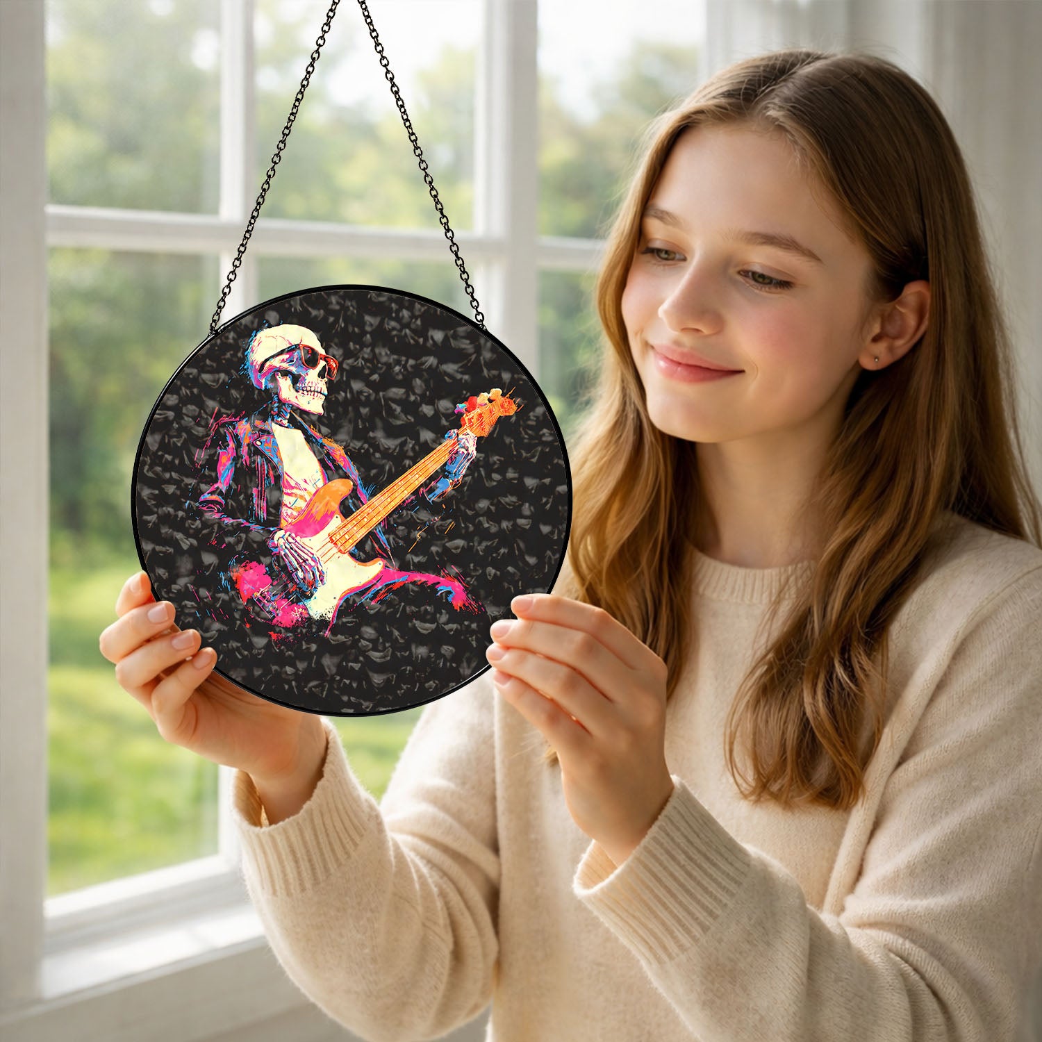 Rock Skeleton Guitar Suncatcher, Stained Glass Window Hanging, Music Lover Gift