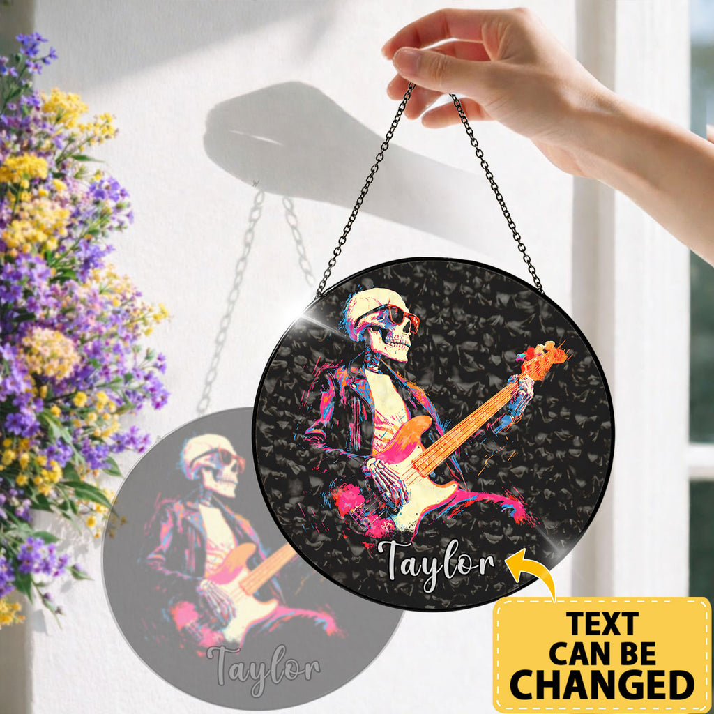 Rock Skeleton Guitar Suncatcher, Stained Glass Window Hanging, Music Lover Gift