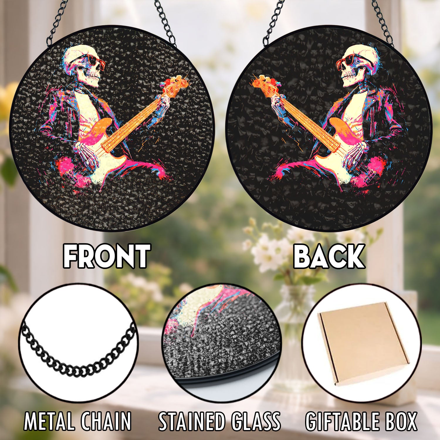Rock Skeleton Guitar Suncatcher, Stained Glass Window Hanging, Music Lover Gift