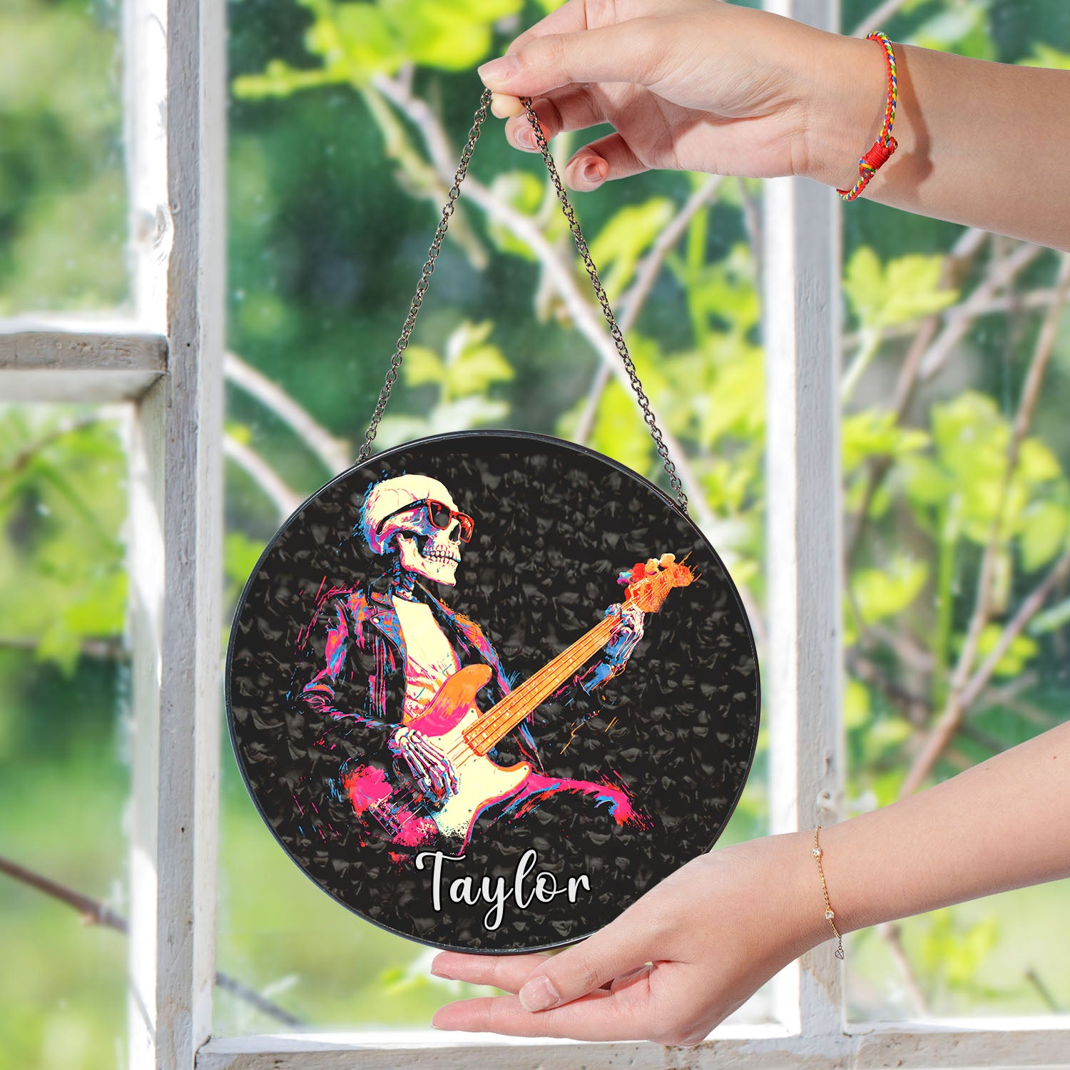 Rock Skeleton Guitar Suncatcher, Stained Glass Window Hanging, Music Lover Gift