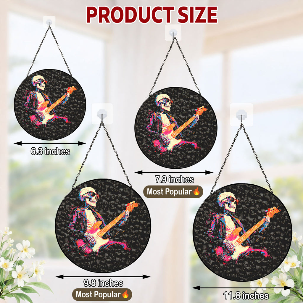 Rock Skeleton Guitar Suncatcher, Stained Glass Window Hanging, Music Lover Gift