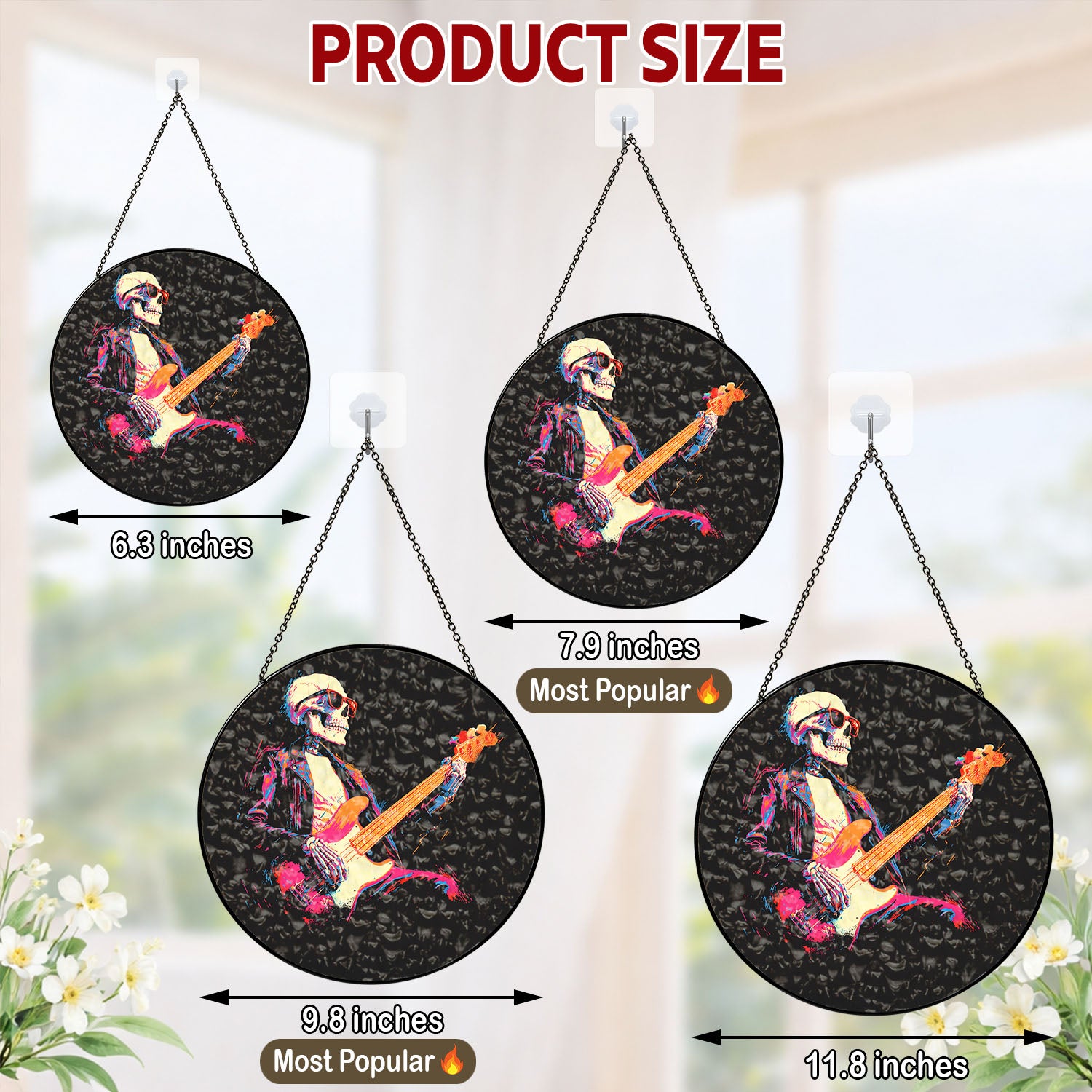 Rock Skeleton Guitar Suncatcher, Stained Glass Window Hanging, Music Lover Gift