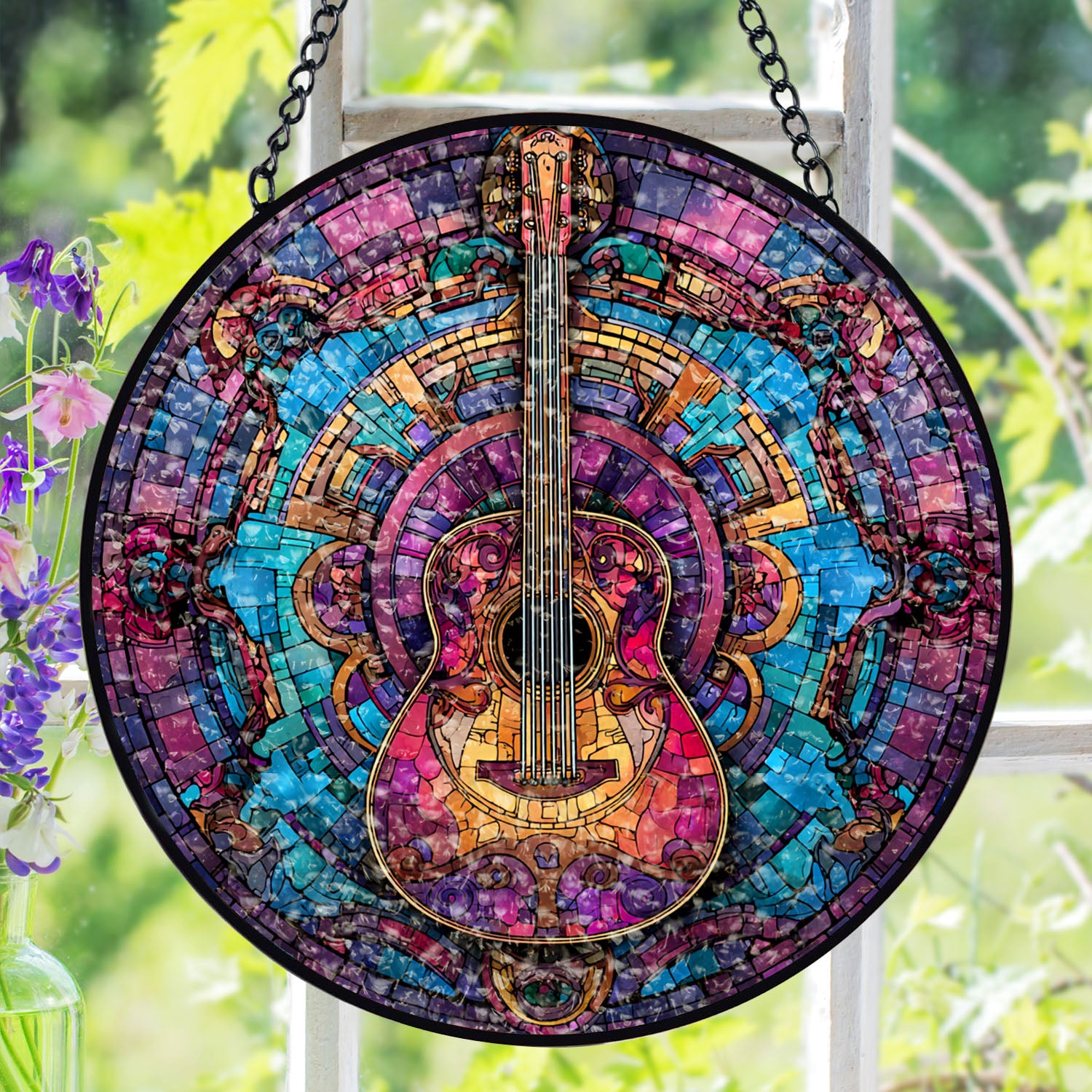 Acoustic Guitar Suncatcher, Mosaic Stained Glass Window Hanging, Music Lover Gift
