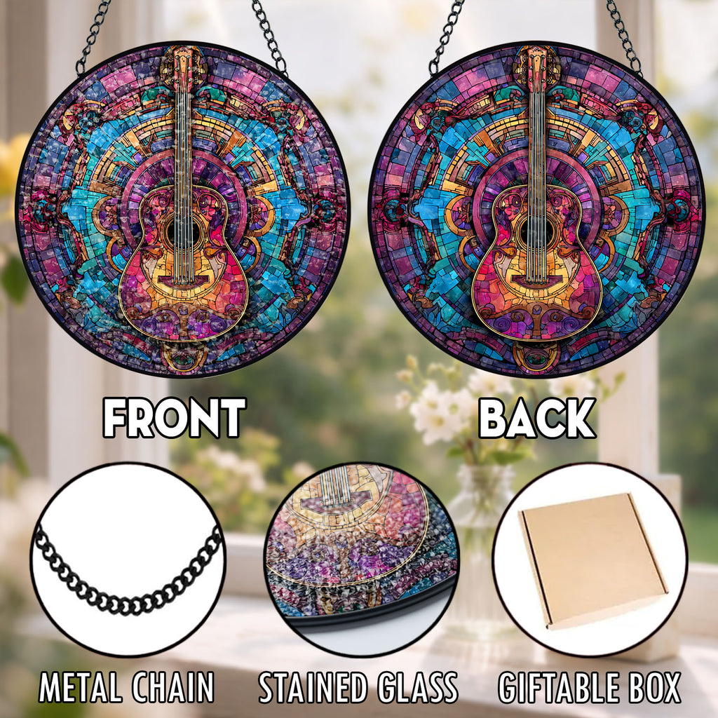 Acoustic Guitar Suncatcher, Mosaic Stained Glass Window Hanging, Music Lover Gift