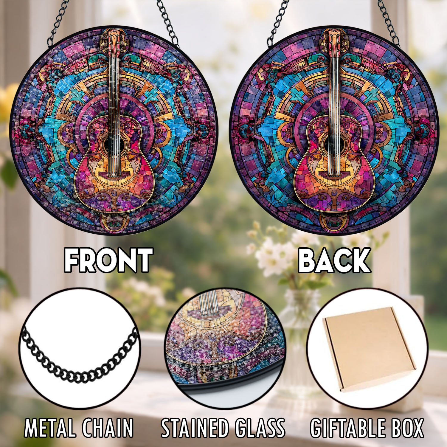 Acoustic Guitar Suncatcher, Mosaic Stained Glass Window Hanging, Music Lover Gift