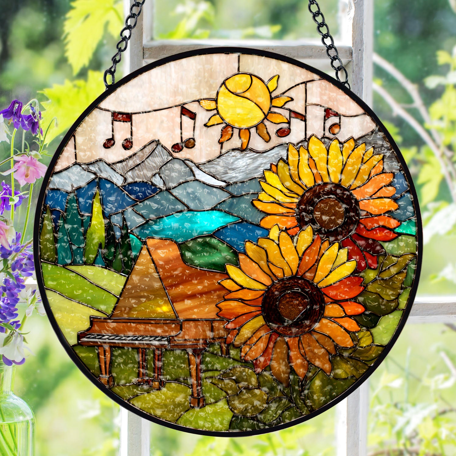 Piano Suncatcher, Sunflower Stained Glass Window Hanging, Music Lover Gift