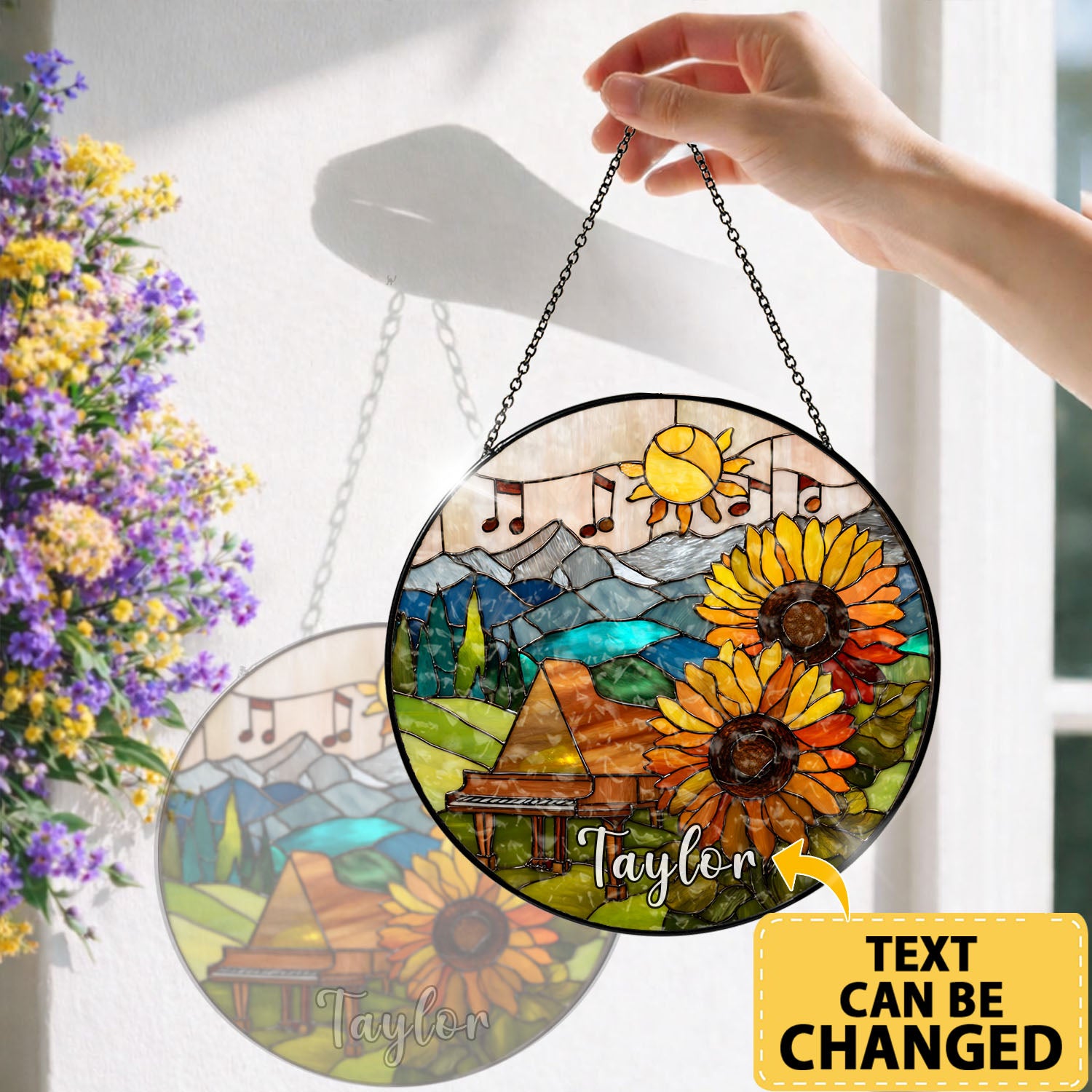Piano Suncatcher, Sunflower Stained Glass Window Hanging, Music Lover Gift