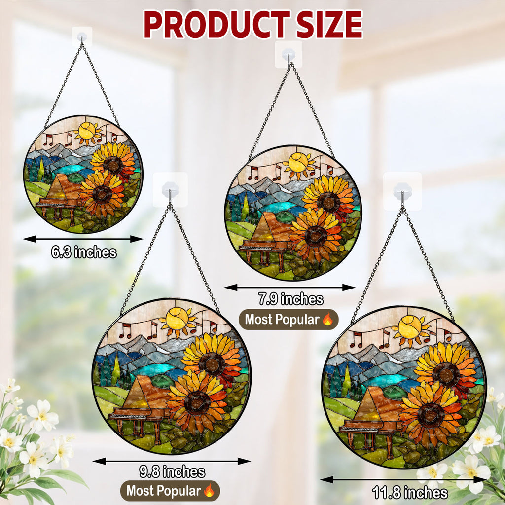 Piano Suncatcher, Sunflower Stained Glass Window Hanging, Music Lover Gift