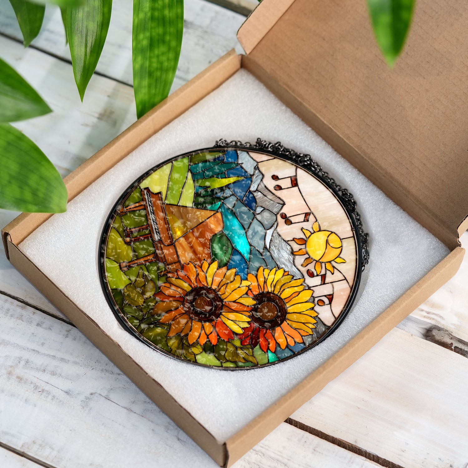 Piano Suncatcher, Sunflower Stained Glass Window Hanging, Music Lover Gift