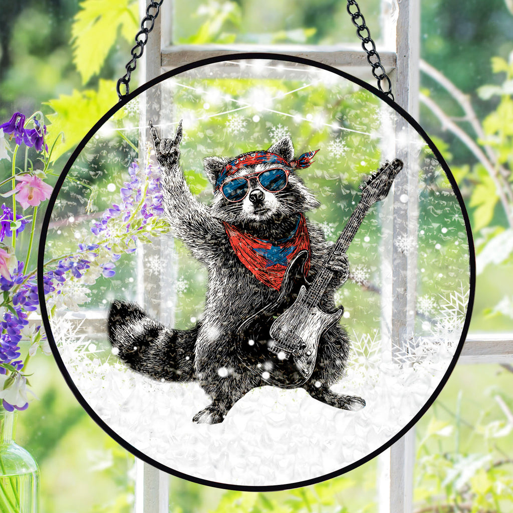 Rock Raccoon Guitar Suncatcher, Stained Glass Window Hanging, Music Lover Gift
