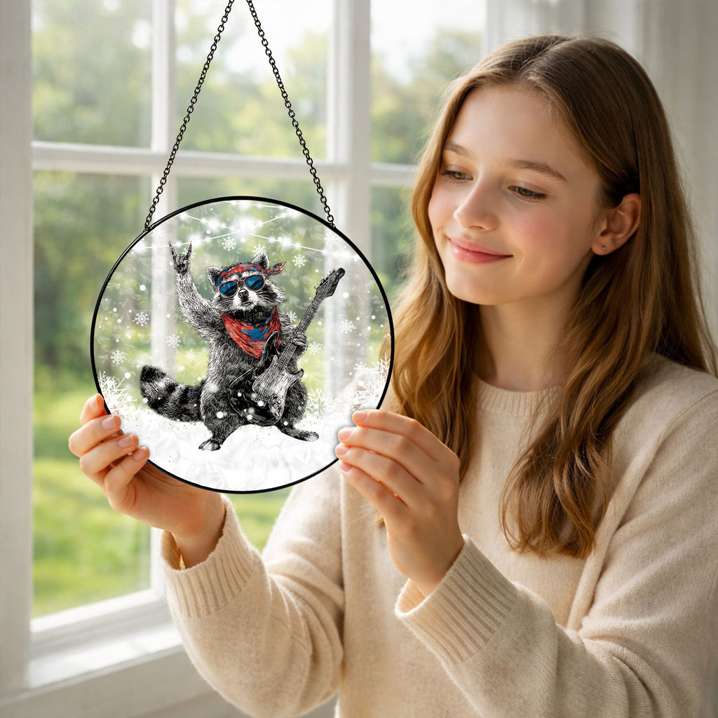 Rock Raccoon Guitar Suncatcher, Stained Glass Window Hanging, Music Lover Gift