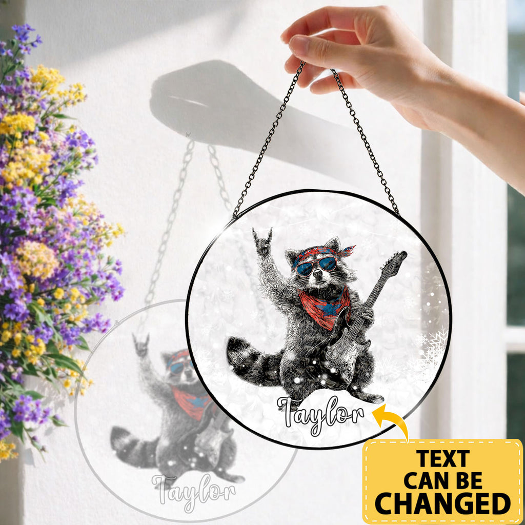 Rock Raccoon Guitar Suncatcher, Stained Glass Window Hanging, Music Lover Gift