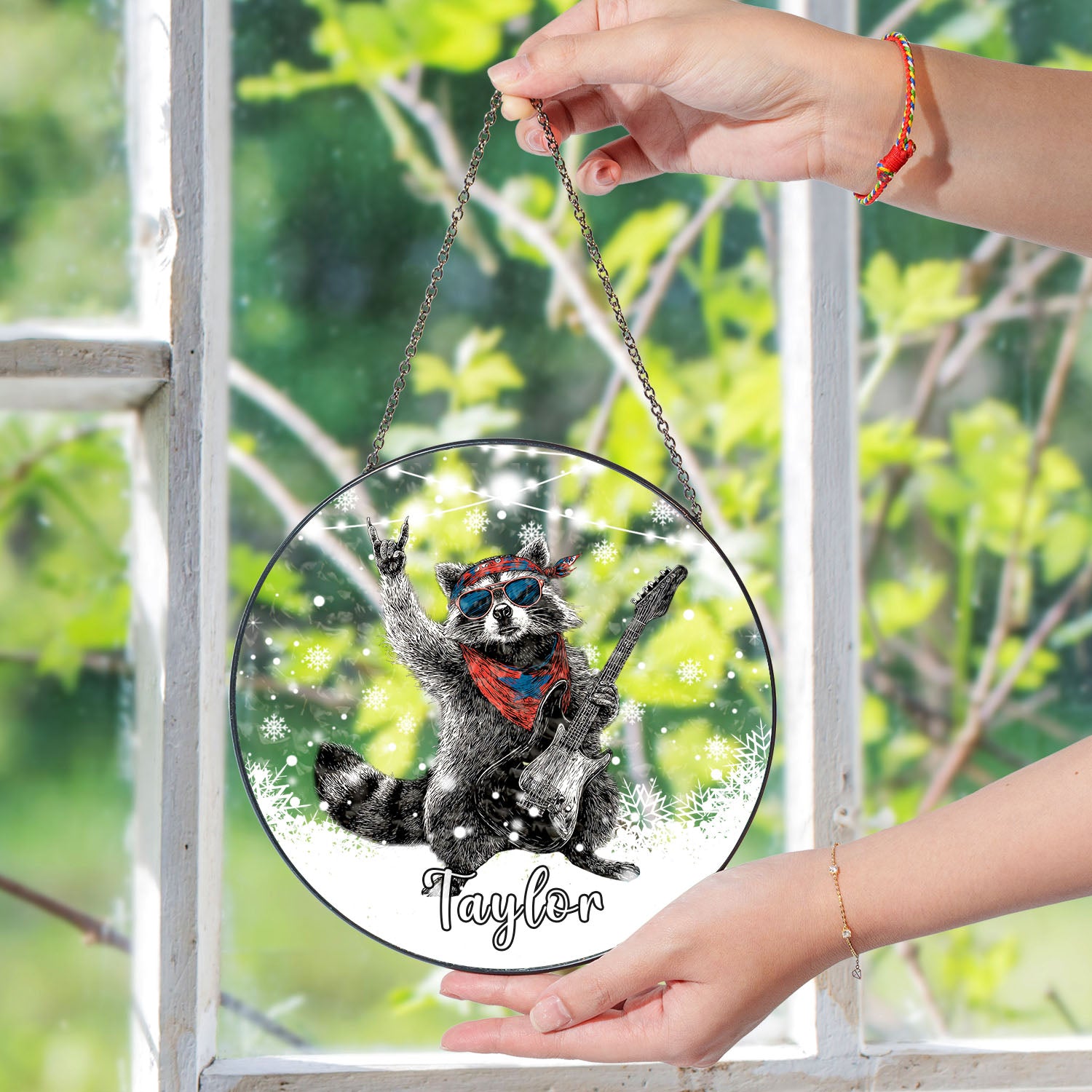 Rock Raccoon Guitar Suncatcher, Stained Glass Window Hanging, Music Lover Gift
