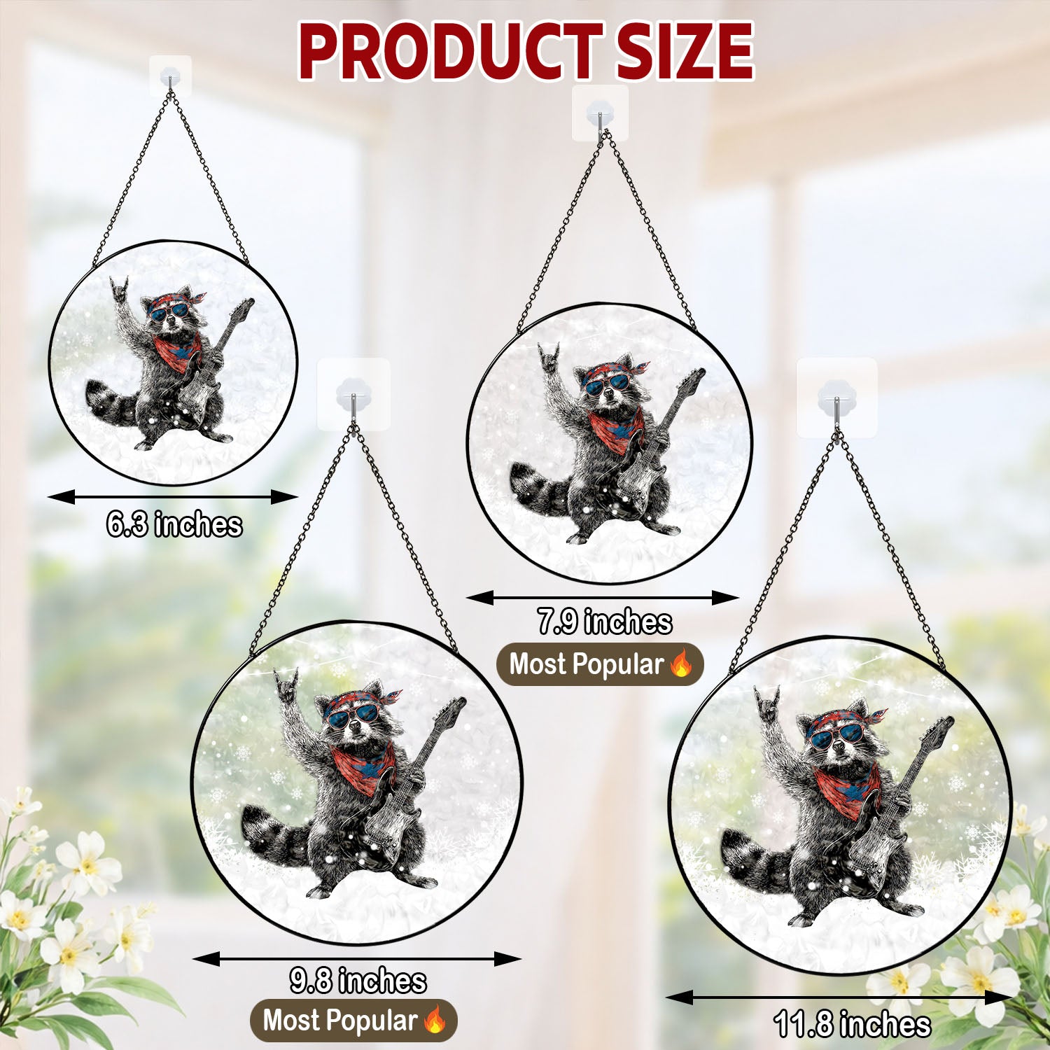 Rock Raccoon Guitar Suncatcher, Stained Glass Window Hanging, Music Lover Gift