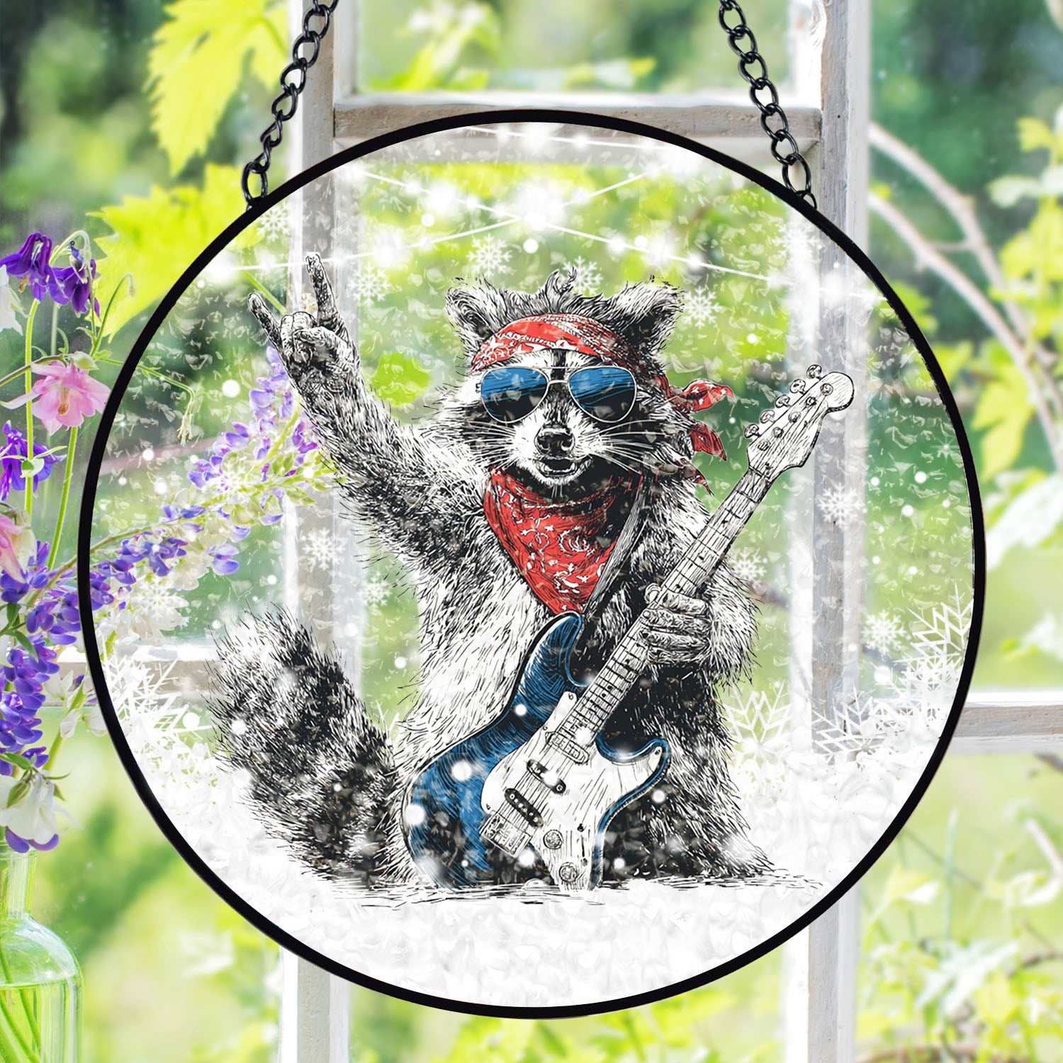 Rock & Roll Raccoon Suncatcher, Stained Glass Window Hanging, Music Lover Gift