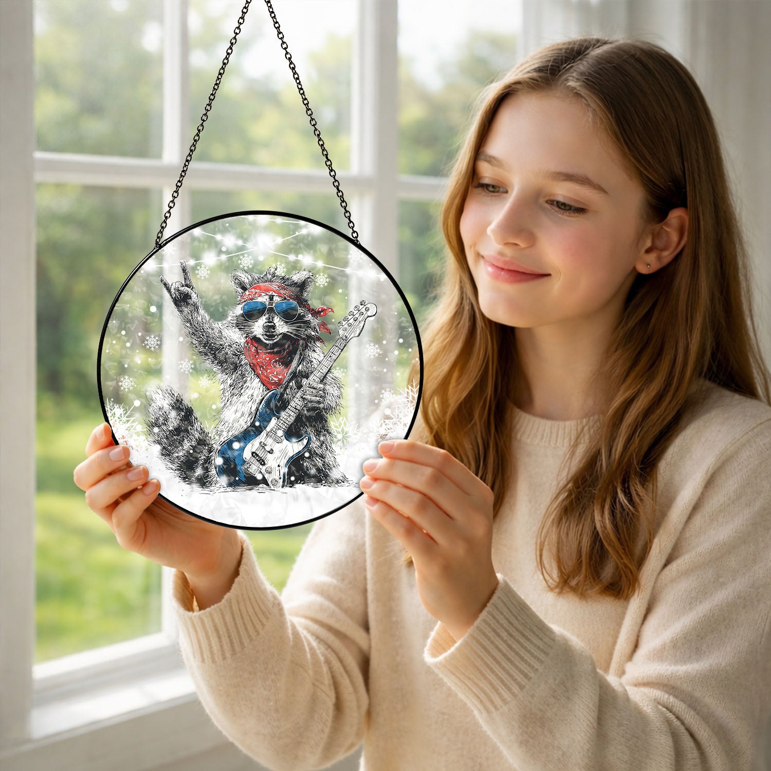 Rock & Roll Raccoon Suncatcher, Stained Glass Window Hanging, Music Lover Gift