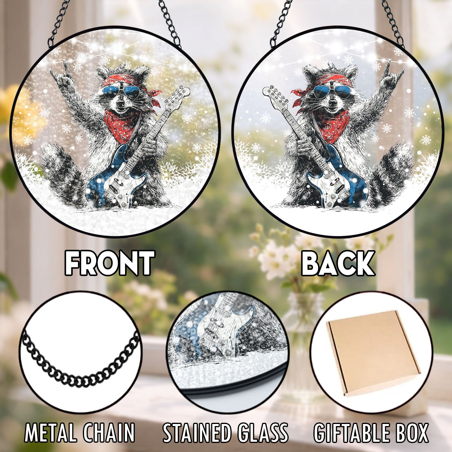 Rock & Roll Raccoon Suncatcher, Stained Glass Window Hanging, Music Lover Gift