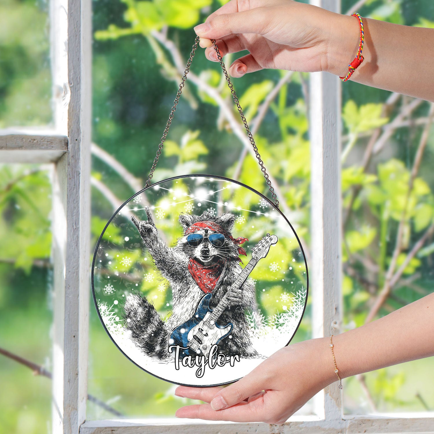 Rock & Roll Raccoon Suncatcher, Stained Glass Window Hanging, Music Lover Gift