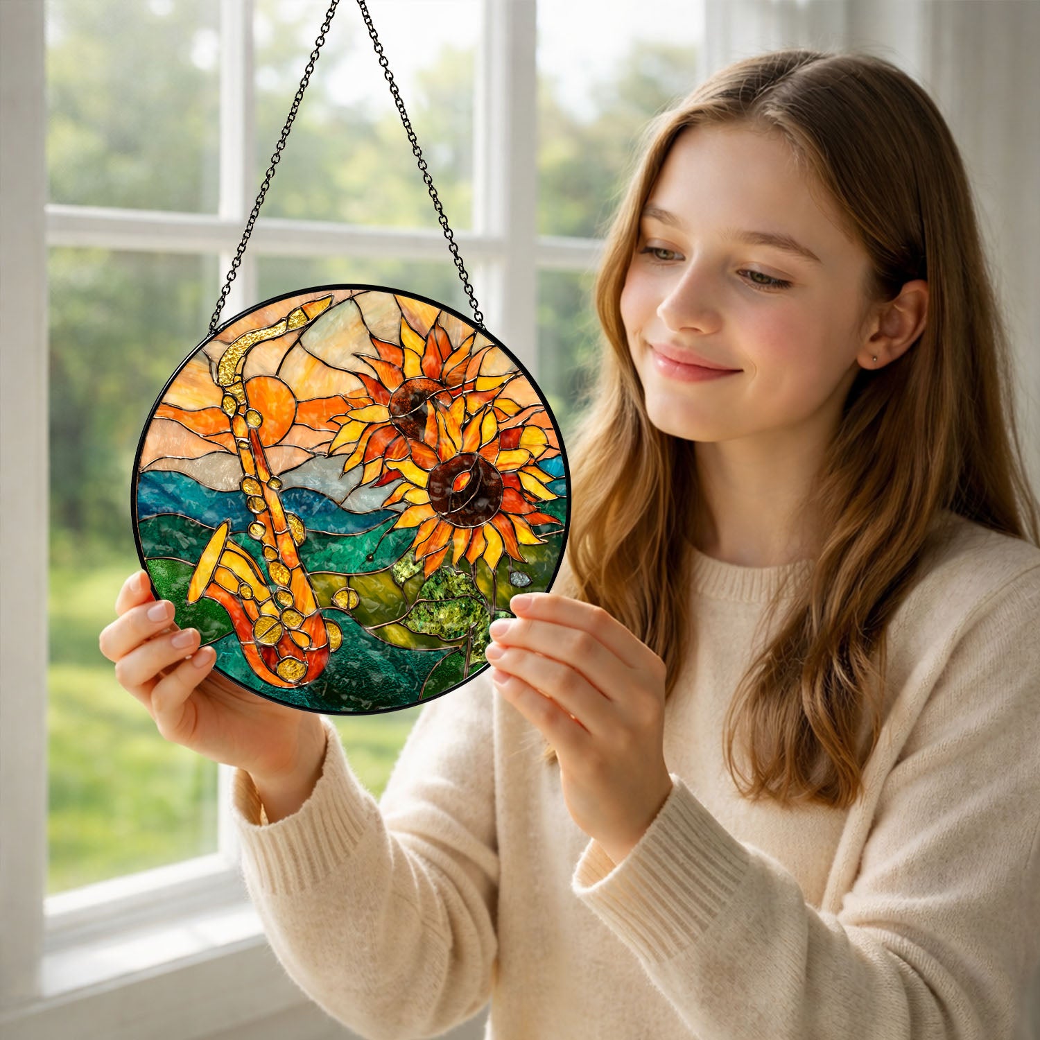 Saxophone Suncatcher, Sunflower Stained Glass Window Hanging, Music Lover Gift