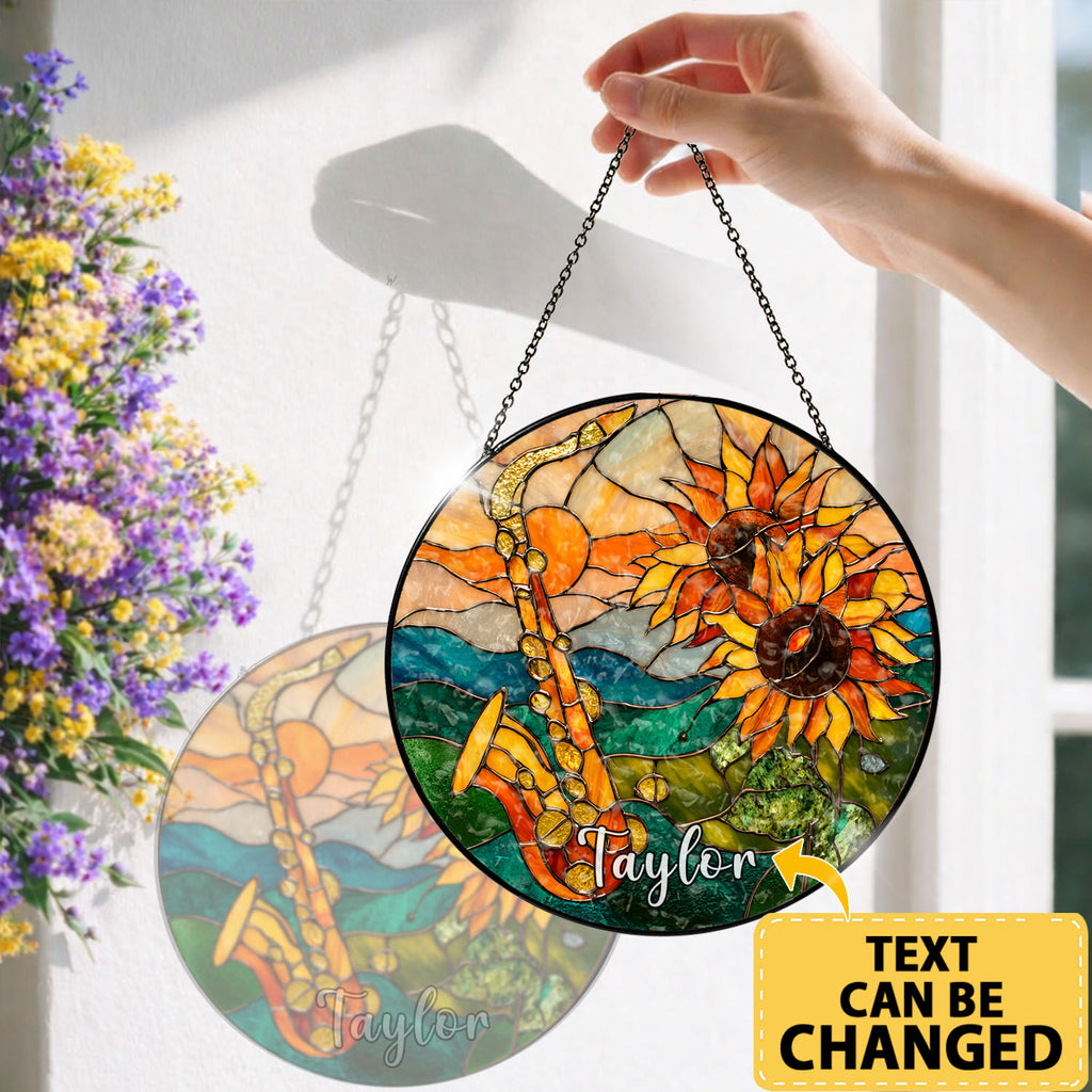 Saxophone Suncatcher, Sunflower Stained Glass Window Hanging, Music Lover Gift