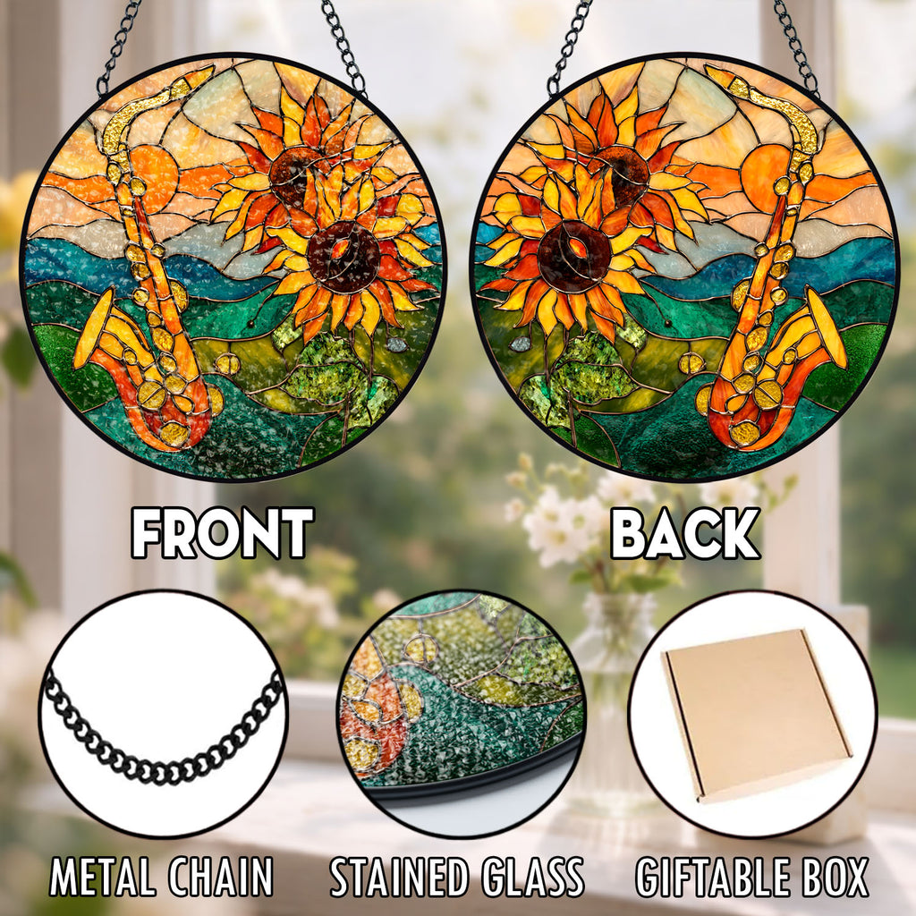 Saxophone Suncatcher, Sunflower Stained Glass Window Hanging, Music Lover Gift