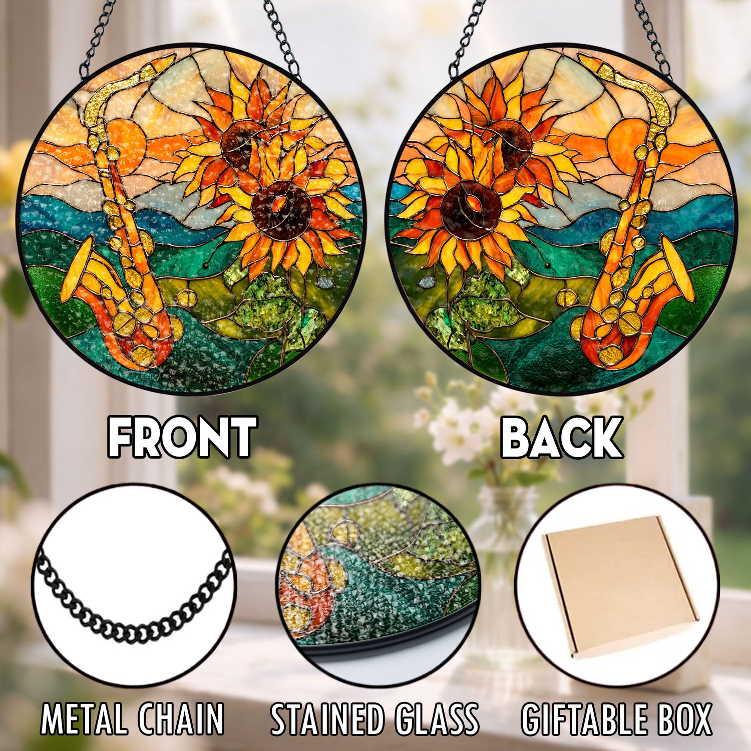 Saxophone Suncatcher, Sunflower Stained Glass Window Hanging, Music Lover Gift