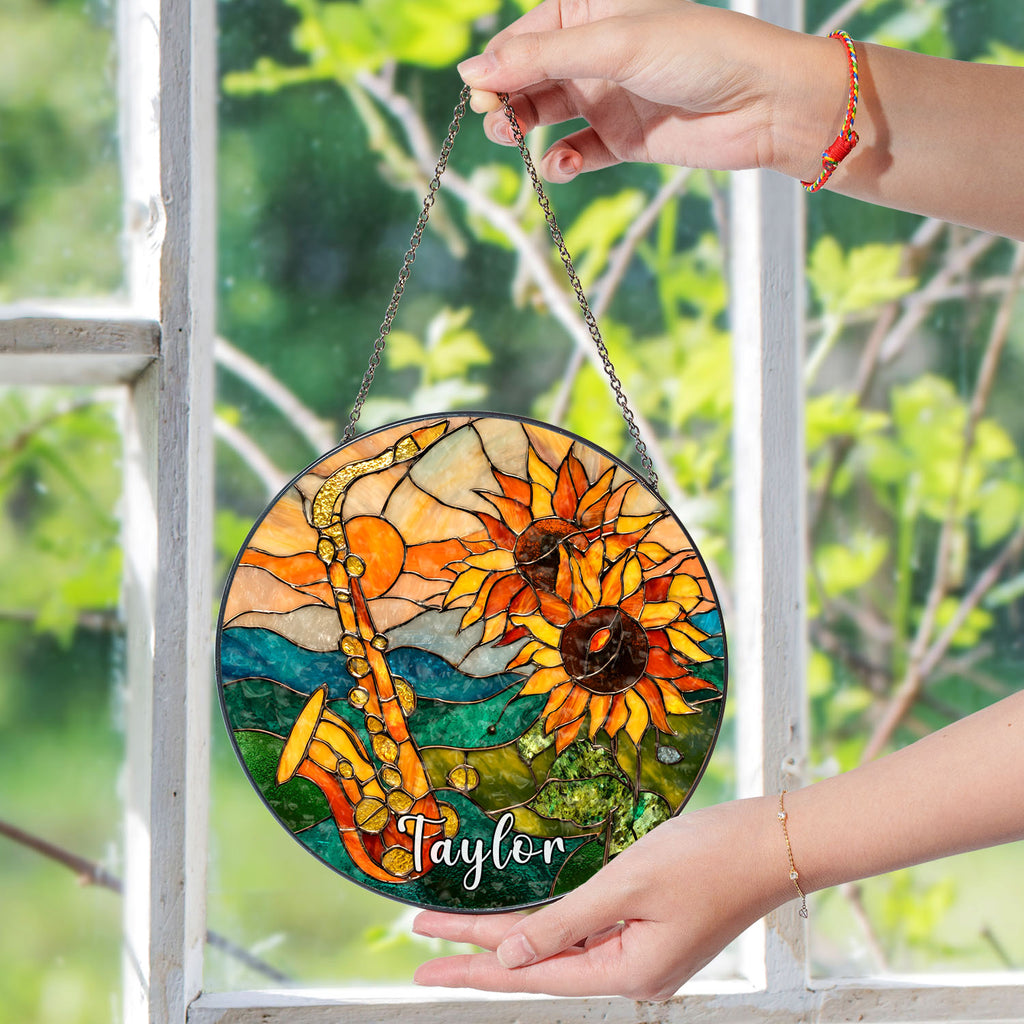 Saxophone Suncatcher, Sunflower Stained Glass Window Hanging, Music Lover Gift