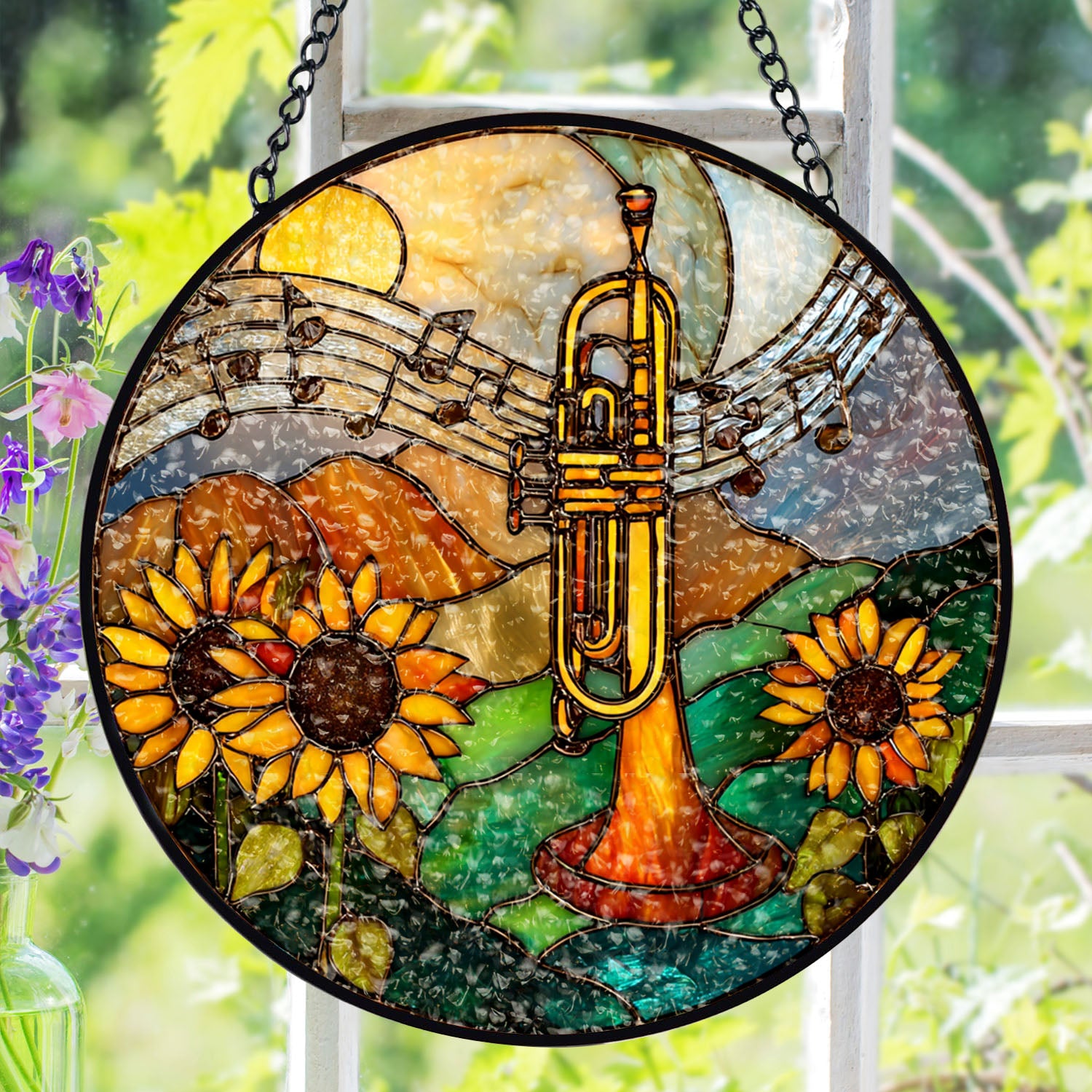 Trumpet Suncatcher, Sunflower Stained Glass Window Hanging, Music Lover Gift