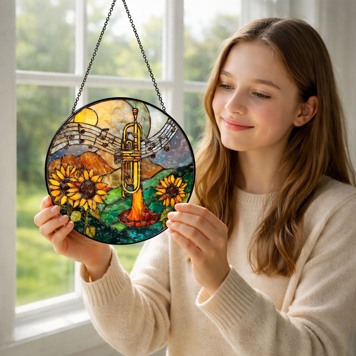 Trumpet Suncatcher, Sunflower Stained Glass Window Hanging, Music Lover Gift