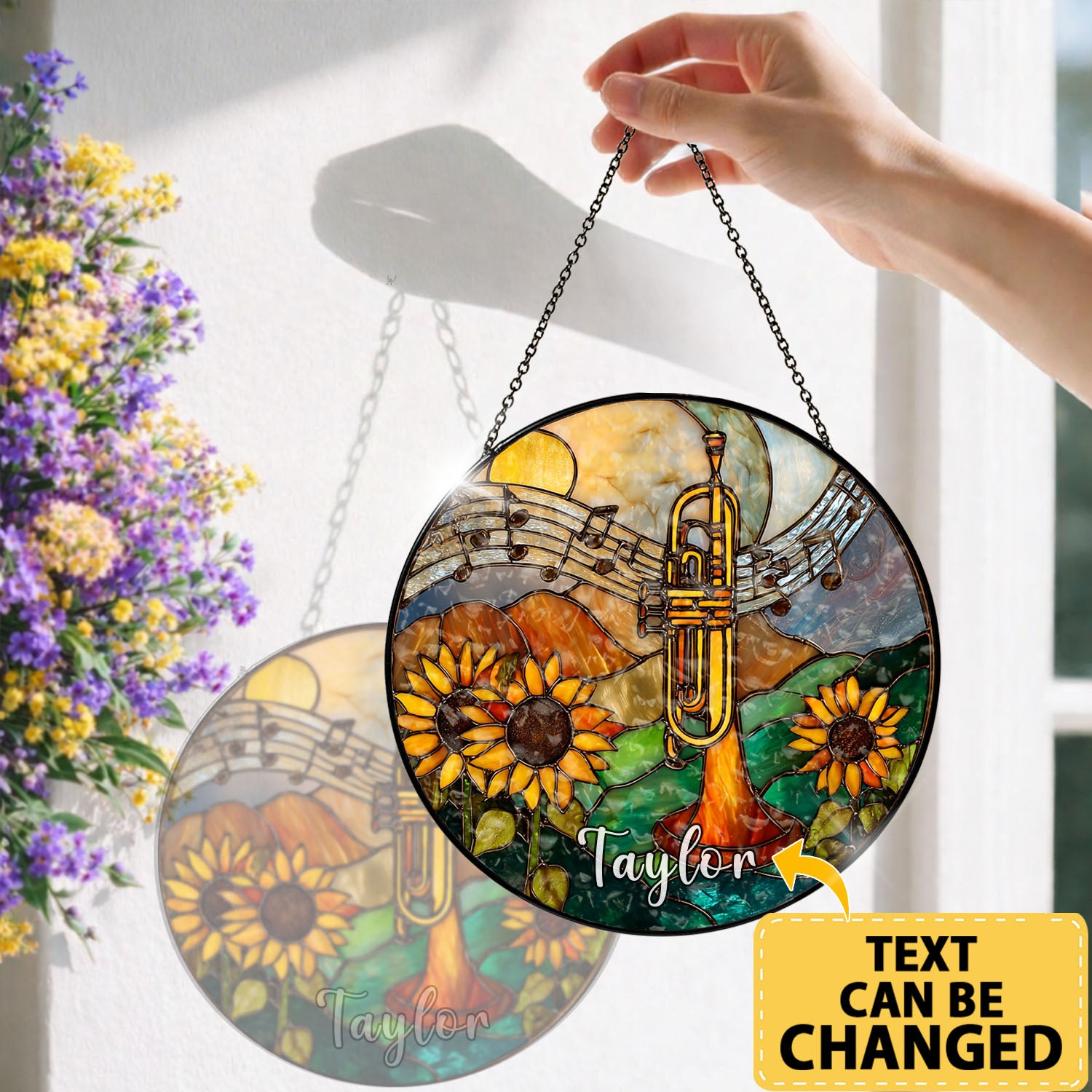 Trumpet Suncatcher, Sunflower Stained Glass Window Hanging, Music Lover Gift