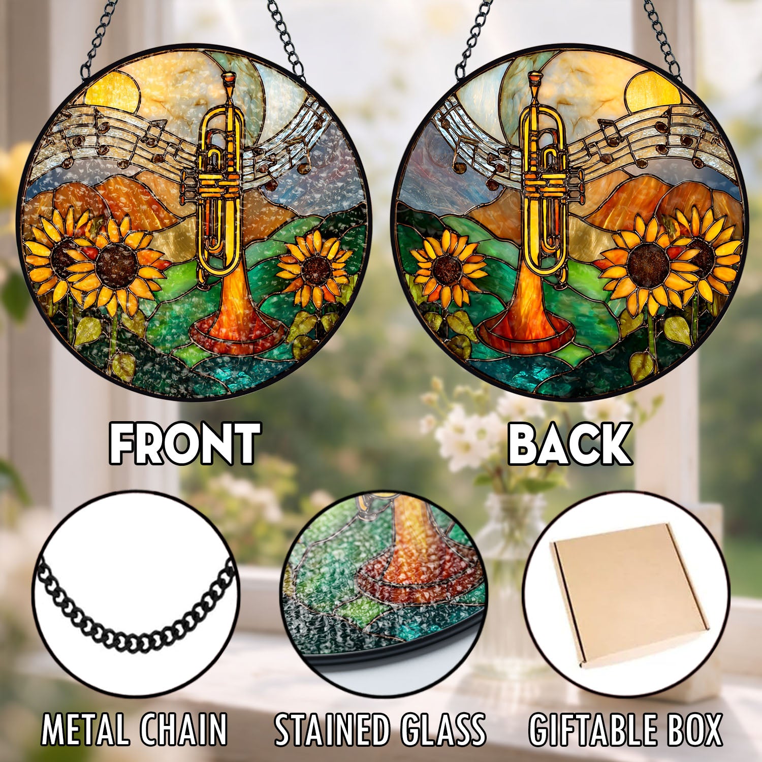 Trumpet Suncatcher, Sunflower Stained Glass Window Hanging, Music Lover Gift
