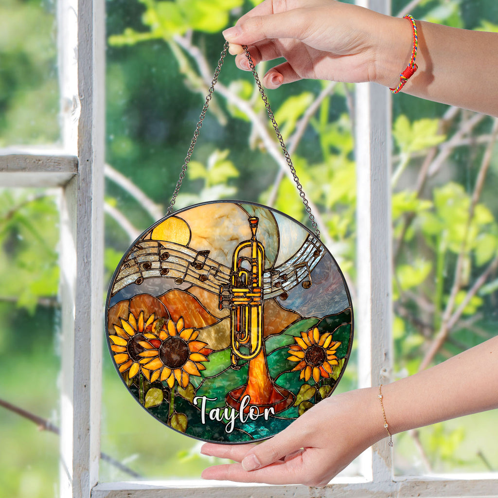 Trumpet Suncatcher, Sunflower Stained Glass Window Hanging, Music Lover Gift