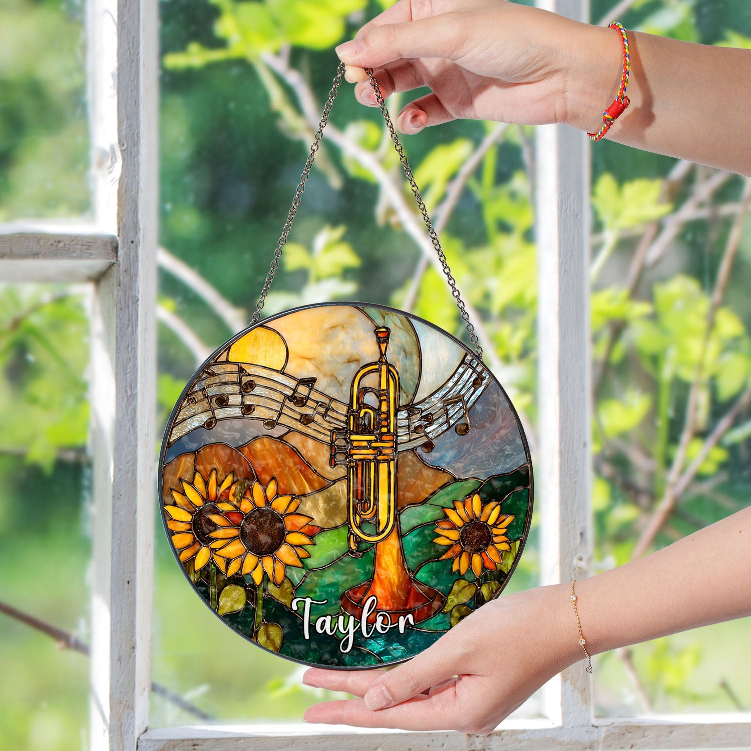 Trumpet Suncatcher, Sunflower Stained Glass Window Hanging, Music Lover Gift