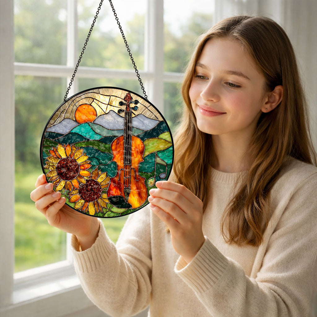 Violin Suncatcher, Sunflower Stained Glass Window Hanging, Music Lover Gift