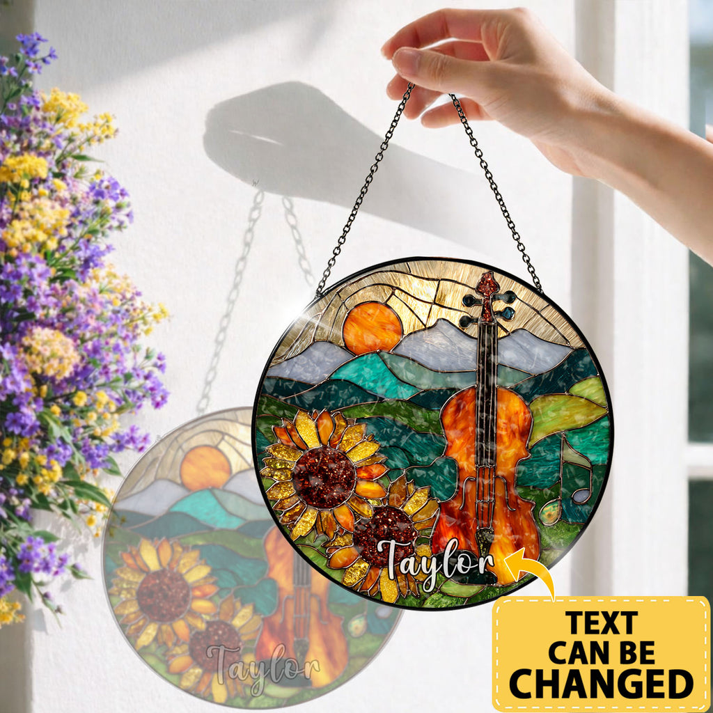 Violin Suncatcher, Sunflower Stained Glass Window Hanging, Music Lover Gift