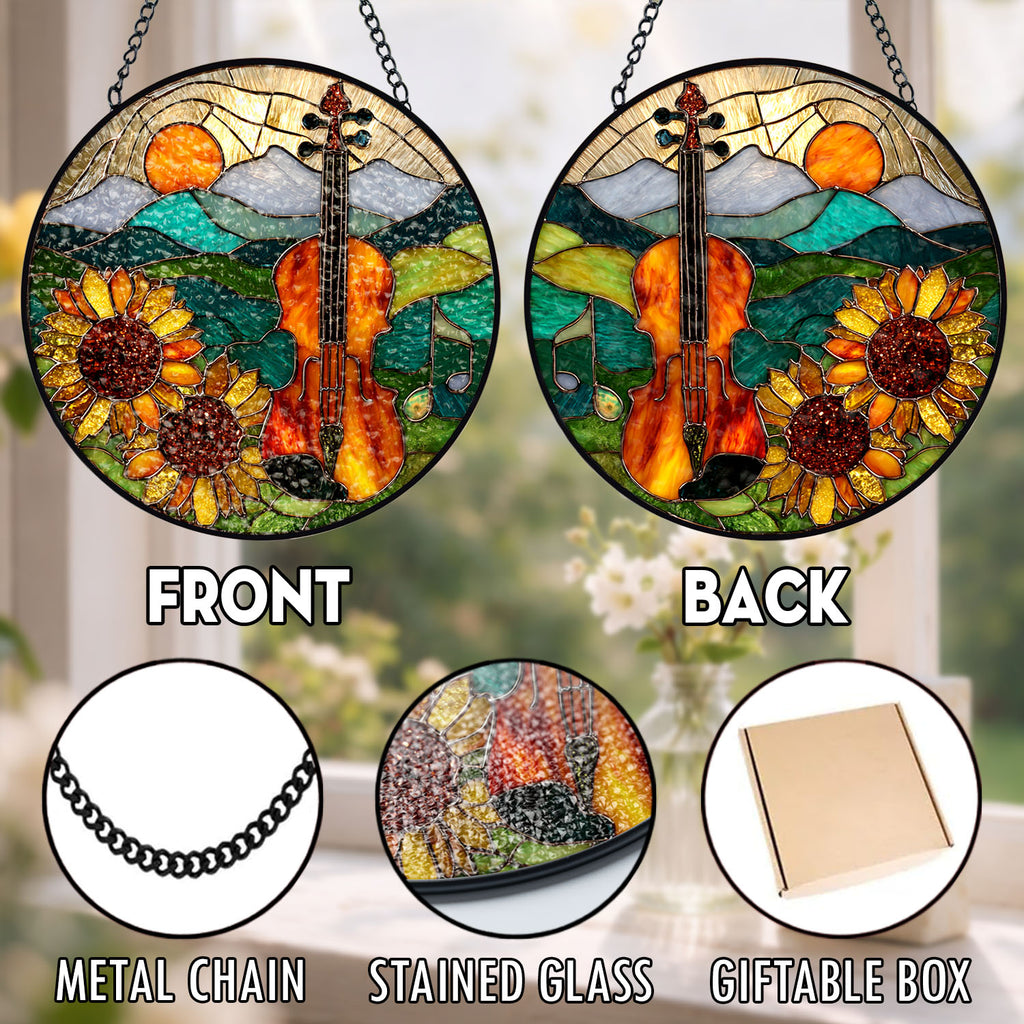 Violin Suncatcher, Sunflower Stained Glass Window Hanging, Music Lover Gift