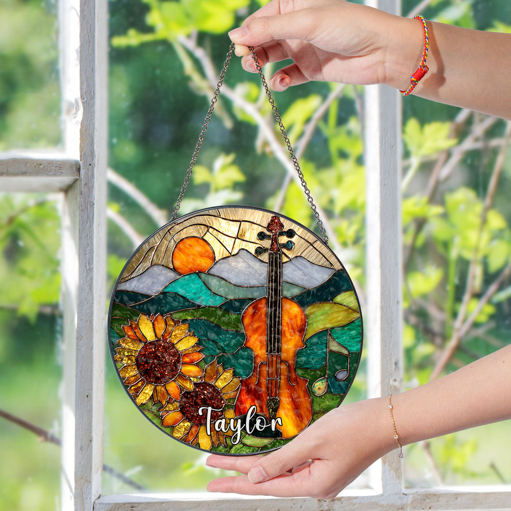 Violin Suncatcher, Sunflower Stained Glass Window Hanging, Music Lover Gift