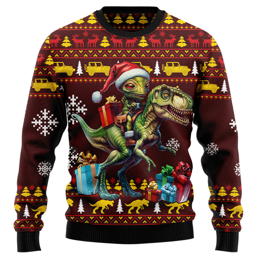 Funny Alien Riding T-Rex Ugly Christmas Sweater, 3D Print Dinosaur Santa Holiday Sweatshirt, Sci-Fi Xmas Party Jumper for Men Women